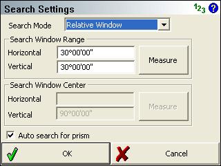 FieldGenius 2008 v3.2.0 Search Settings Main Menu Settings Instrument Selection Edit Total Station Profile Search Settings When using a robotic instrument you can specify search settings for your instrument.