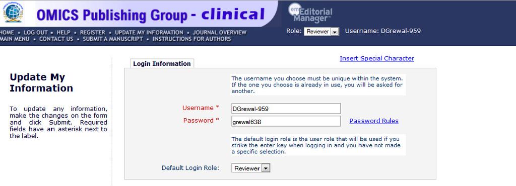 The user will then be redirected to the Reviewer Registration screens where he or she may look at all of the information currently available to the Publication, and may update fields as appropriate.