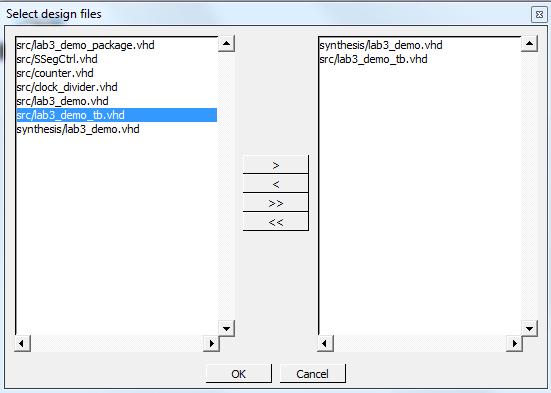 Click at the options button next to the post-synthesis simulation icon. Remove the default input file, and select netlist file lab3_demo.