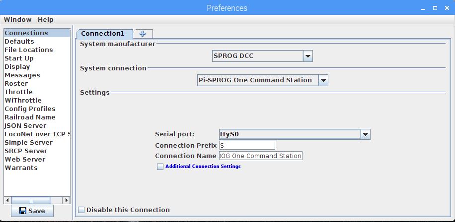 When the Preferences appears, create a new profile by selecting SPROG DCC as the System and Pi- SPROG One Command Station as the System connection. Select ttys0 as the Serial port.
