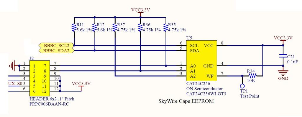 The address of the EEPROM is set via jumpers J8-1/J8-7 and J8-2/J8-8 on the J8 header as shown below. Table 2.