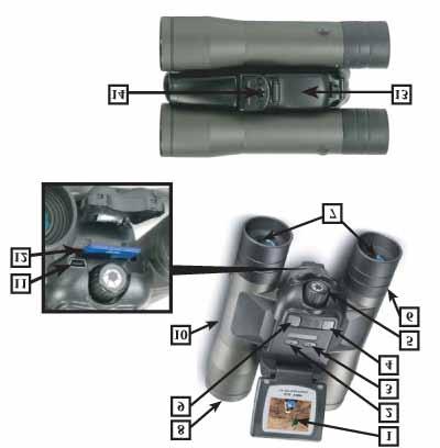Parts of the Binocular *SD Card not included 1. TFT LCD Display 2. Up Button 3. Down Button 4. Set Button 5. Focus Knob 6.