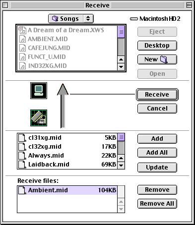 1. Open the Receive window. Click [Receive] in the top display. The Receive window will open. Windows Macintosh 1 2 1 2 Musical Instrument 4 7 8 Musical Instrument 7 8 4 9 ) 5 6 5!