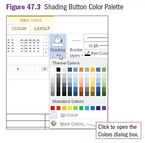 47 Applying Shading Select the portion of the table you want to shade and then click the Shading button arrow in the Table