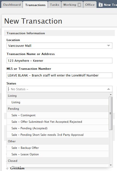 MLS Number/Status MLS or TRANSACTION Number Leave blank your branch staff will replace with the