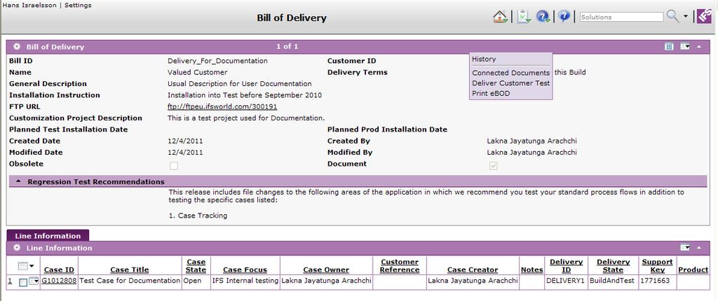 Options to view documents, update the Delivery status and print the ebod.