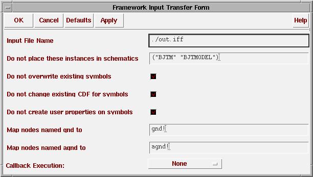 Specifying the File Name and Setting Import Options In the Framework Input Transfer Form, specify the file name, enter the names of any components that you want ignored and supply other basic