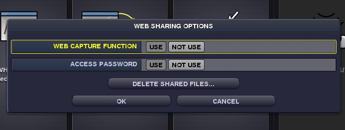 6. WEB SERVER 3. Move the focus to the box under the WEB SHARING in the APPS MENU. 4. Press ENTER button on the remote control. Display the WEB SHARING options setting screen.