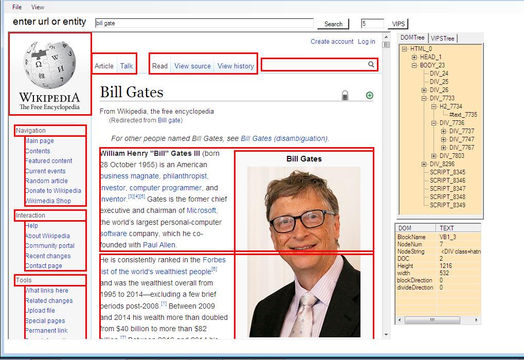 Hence for the entity search bill gates, the system will go to Wikipedia and search for the information related to the particular entity and the segmentation process is getting started as shown below.