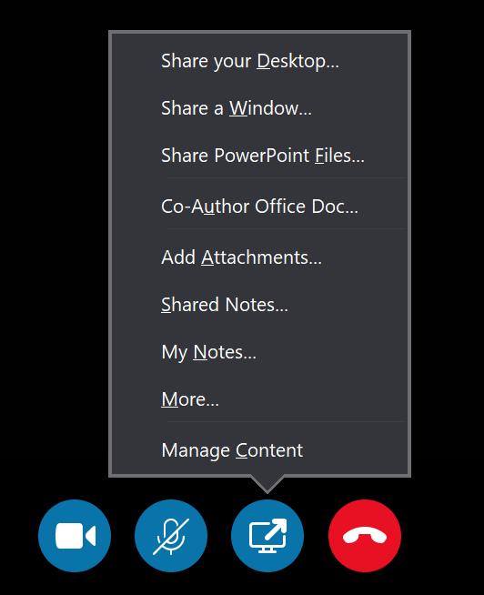 Share PowerPoint Files or a window during the meeting Click to switch on your camera and microphone (if there is a line through it is off/muted) Click to share (desktop, window, PowerPoint etc.