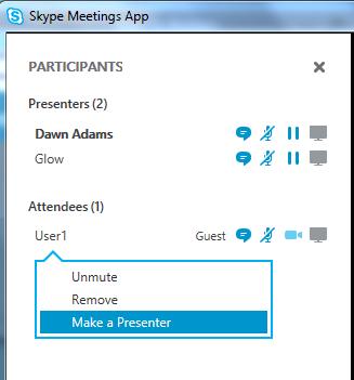 Participant Actions To change individual permissions while the meeting is running right click on the Participant name and choose