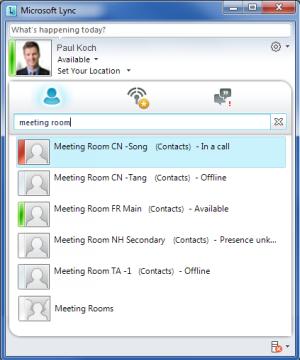 Setting up the Lync Client Contact List 2. Add meeting rooms to your Contact List: a. Type meeting room in the Search box. A list of meeting rooms is displayed.