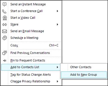 Making Video Calls between Lync Clients and H.323 Devices Figure 5: Right-click menu showing Add to New Group option The meeting rooms you selected appear under the new group heading.