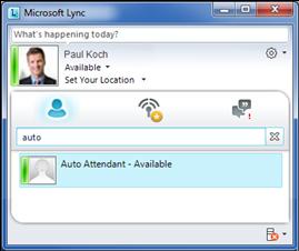If necessary, add the Auto Attendant to your Contact List: a. Type auto in the Search box. The Auto Attendant contact is displayed.