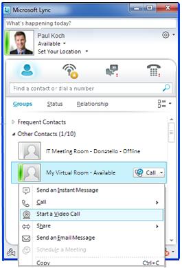 Accessing your Personal Virtual Room Procedure 1. To join from your Lync Client, open the Lync Client window. The Contact List is displayed. 2.
