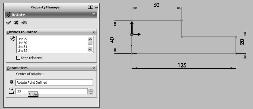 A Comprehensive Introduction to SolidWorks 2011 Rotate Entities The Rotate Entities tool is used to rotate entities chosen. This tool is illustrated in Figure 2-30. 1.
