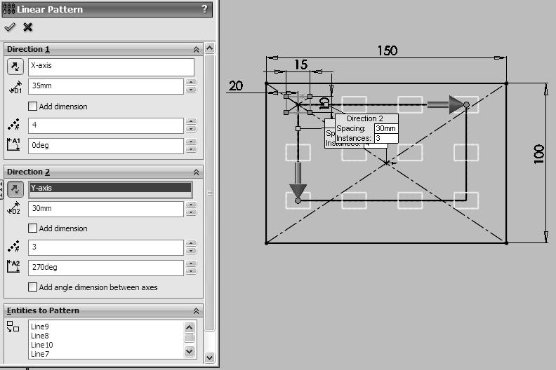 A Comprehensive Introduction to SolidWorks 2011 Pattern The linear/circular pattern tool is used to create rectangular patterns based on a given model.