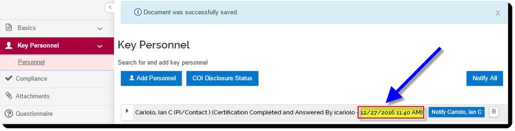 11. Once your certification is complete, your user ID and a timestamp will be added to the Certification Questionnaire header within the proposal: Figure 6
