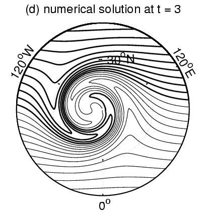 Figure 2: Results from a polar vortex simulation over the sphere. The exact solution at time t = 3 can be found in panels (a). Numerical results are displayed in panels (b)-(d).