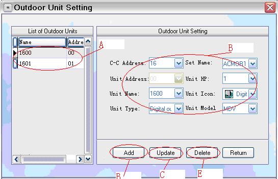 Third Generation Billing System Installation Guide 3.4 Outdoor Unit Setting: Click Basic Data->Outdoor Unit Setting. Figure 3-4 A. List of outdoor units.