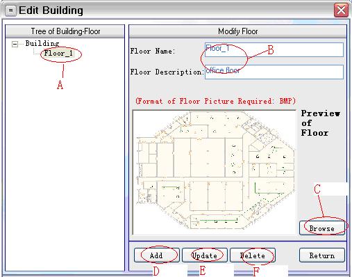 Third Generation Billing System Installation Guide 3.8 New Floor Setting: Click Basic Data->New Floor. Figure 3-8 A. Tree-like list of the floors. B. Parameters of the selected floor, including its name and description.
