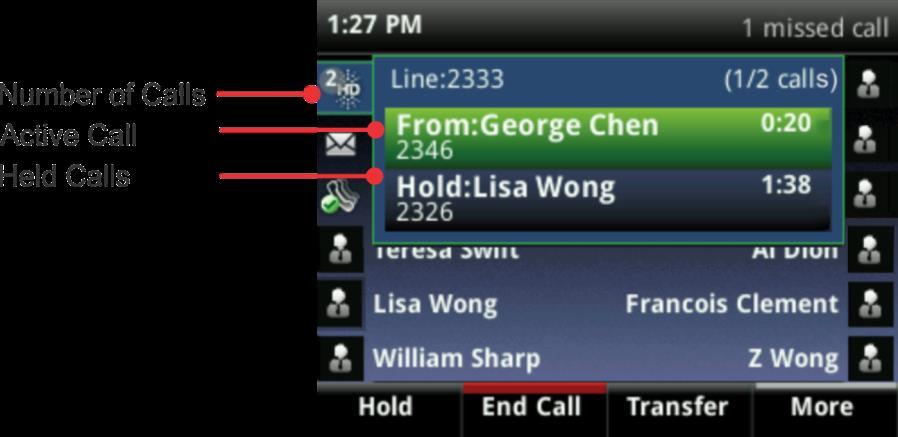 If your phone has more than one line, your calls display under the associated line, as shown below.