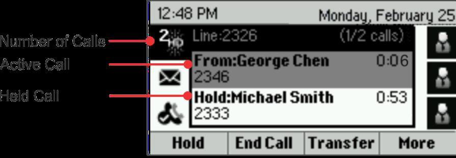 following colors indicate the call status on your phone (Polycom VVX 400): Dark green: Active call Bright blue: Incoming call Dark blue: Held call You can