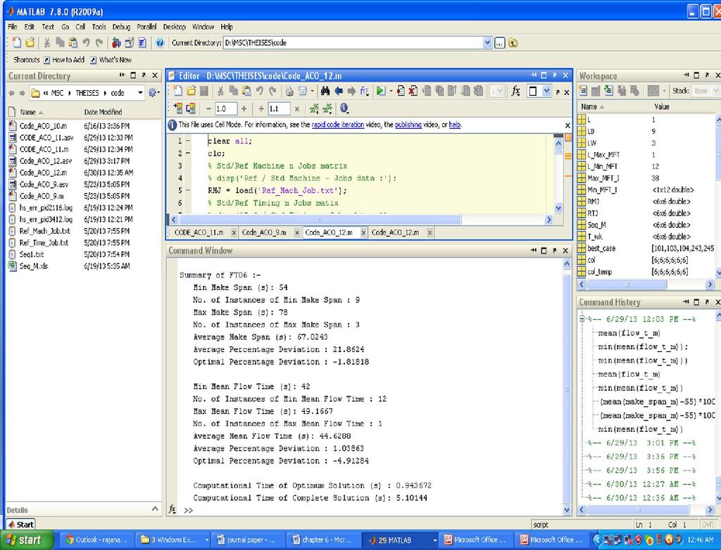 Figure 1. Snapshot of matlab showing summary of results of FT06 5.