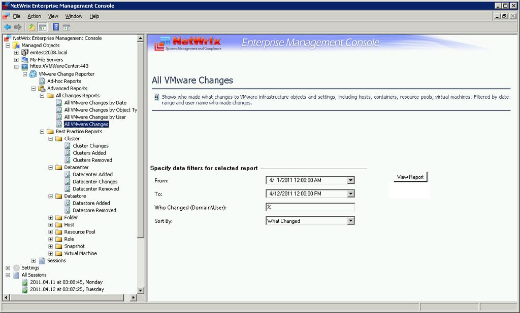 Viewing Advanced Reports NetWrix VMware Change Reporter The product provides the Advanced Reporting feature that allows you to generate change reports managed by Microsoft SQL Server Reporting