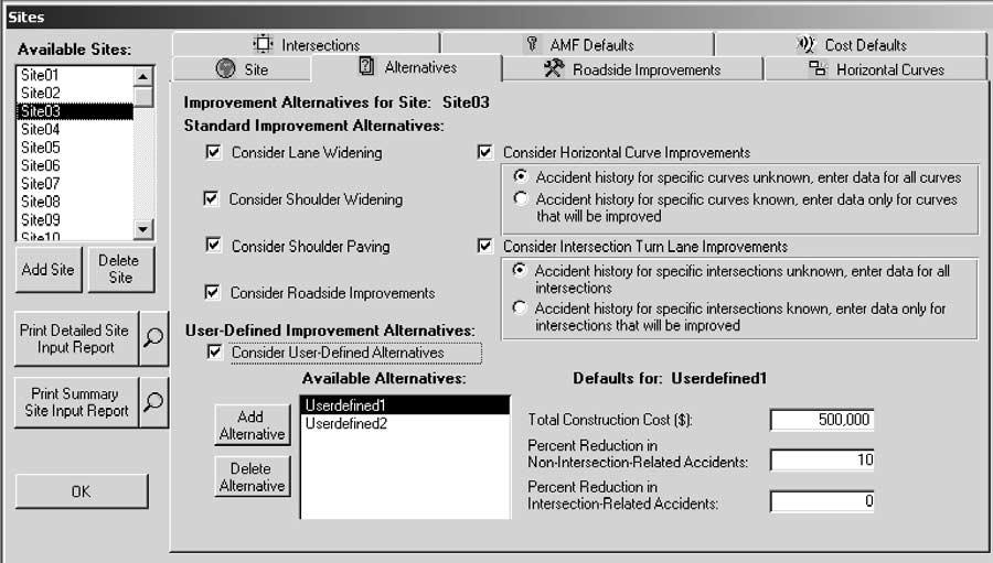 92 Figure 19. Alternatives screen with user-defined alternatives data entry form. The relative safety of roadside designs is rated on a scale developed in previous research by Zegeer et al. (15).