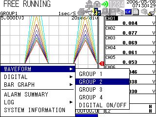 6. Operation Mode and Basic Key Operations Switching the Display in Free Running Mode or Logging Mode To switch to a display other than waveform & digital display, press DISPLAY to show the display