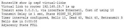 The correct answer is show ip ospf virtual-links. The show ip ospf virtual-links command displays the current state of OSPF virtual links, as shown below.