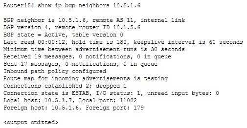 In the above example, router15 has sent out a BGP open packet to the peer at 10.5.1.6 and is listening for a connection request from the peer.