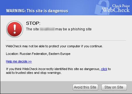 When the heuristic engine has detected a fraudulent site, a warning like the one below is shown in the browser.