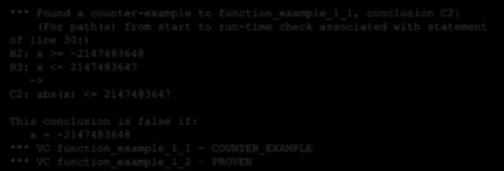 Example 1 Riposte output *** Found a counter-example to function_example_1_1, conclusion C2: (For path(s) from start to run-time check associated with statement of line 30:) H2: x >= integer first