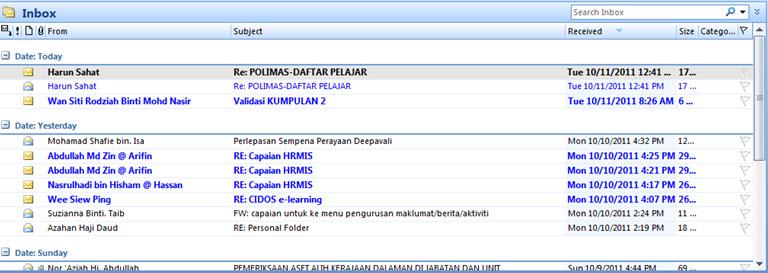2. Select email file with subject Senarai Aset PKB terkini. Right click. Click Delete //delete email to release space 3.