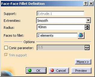 Creating a Face-To-Face Fillet The Face-Face fillet is used when there is no intersection between the selected faces or when there are more than two sharp edges between the faces.