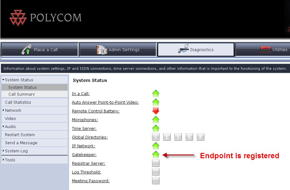 8.2. Verify Status of Polycom Endpoint Log in to the Polycom endpoint s web interface and select the Diagnostics tab and then from the left column select System Status.