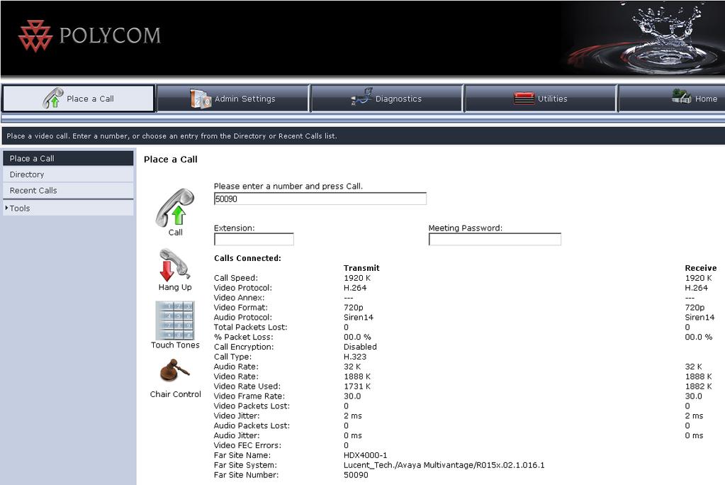 To see the status of an active Polycom endpoint from its web interface select the Place a Call tab.