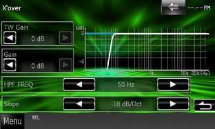 Audio Setting Up Audio Setting Up Crossover network setup You can set a crossover frequency of speakers. 1 Touch the speaker to set the crossover in the Speaker Select screen. 2 Touch [X over].