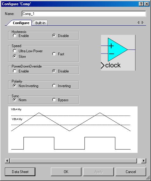 Parameters and Setup Drag a Comparator onto your design and double-click it to open the Configure dialog. The Comparator provides the following parameters.