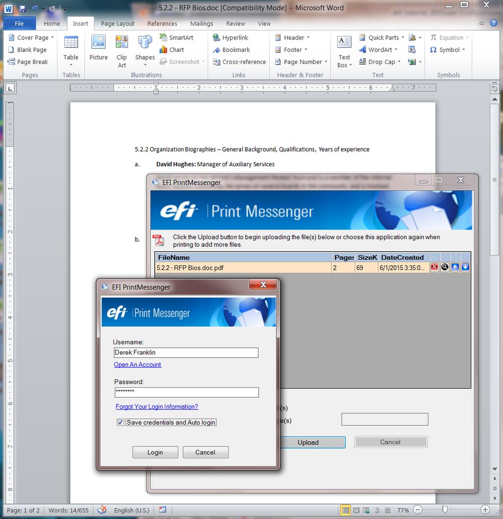 Upload Files Using the EFI PrintMessenger Step Three: 1.