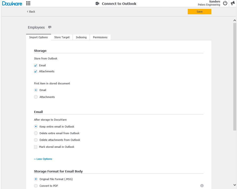 Behind the Scenes: Configuring Connect to Outlook Email archiving and email quick search are based on configurations available to users with the relevant permissions in Outlook via the DocuWare menu