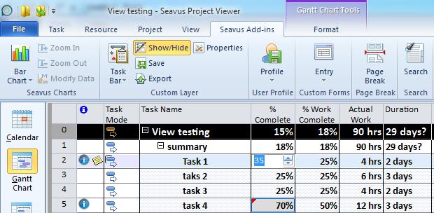 Chapter : Seavus Project Viewer Task Update Updating % Complete You can update % Complete using the table sheet in the Gantt Chart view, as it is presented on Figure 89. Figure 92.