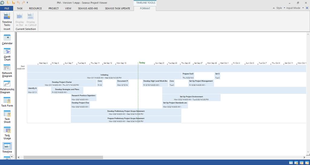 Timeline View presents the project information in horizontal linear diagram.