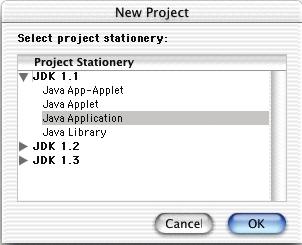 The IDE displays the New window. Select Java Stationery from the stationery list on the left side of the New window. In the Project name text field, type a project name and add the.