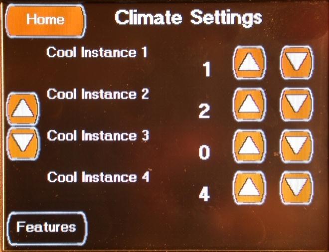 FEATURES CLIMATE CONFIGURATION SCREEN 4 The fourth Climate Setting screen is accessed by pressing the Left Down Arrow on the first Climate Setting screen or by the Left Up Arrow on the fifth Climate