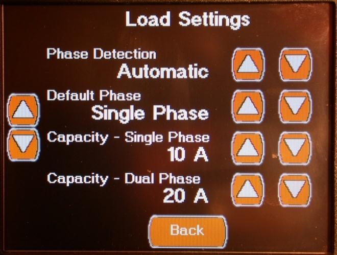 AC POWER SCREENS LOAD SETTING SCREEN 1 The first Load Setting screen configures the following settings: Phase Detection Manual / Automatic Set to Manual for standard Transfer Switch.