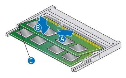 Install an additional memory module a. Align the space at the bottom edge of the memory module with the key on the socket. b. Insert the bottom edge of the module at a 45 degree angle into the socket (A).