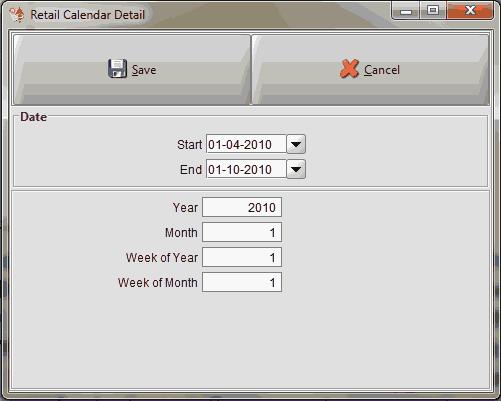 New Year - Displays the Retail Calendar Year screen which will allow you to create a new retail year and save it in the system.